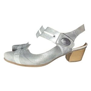 Remonte | Genuine Leather Silver Block Heels with Belt & Ornate Buckle Details